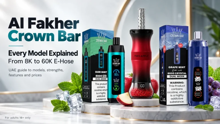 Al Fakher Crown Bar model guide banner showing 8000-series devices and an E-Hose-style device