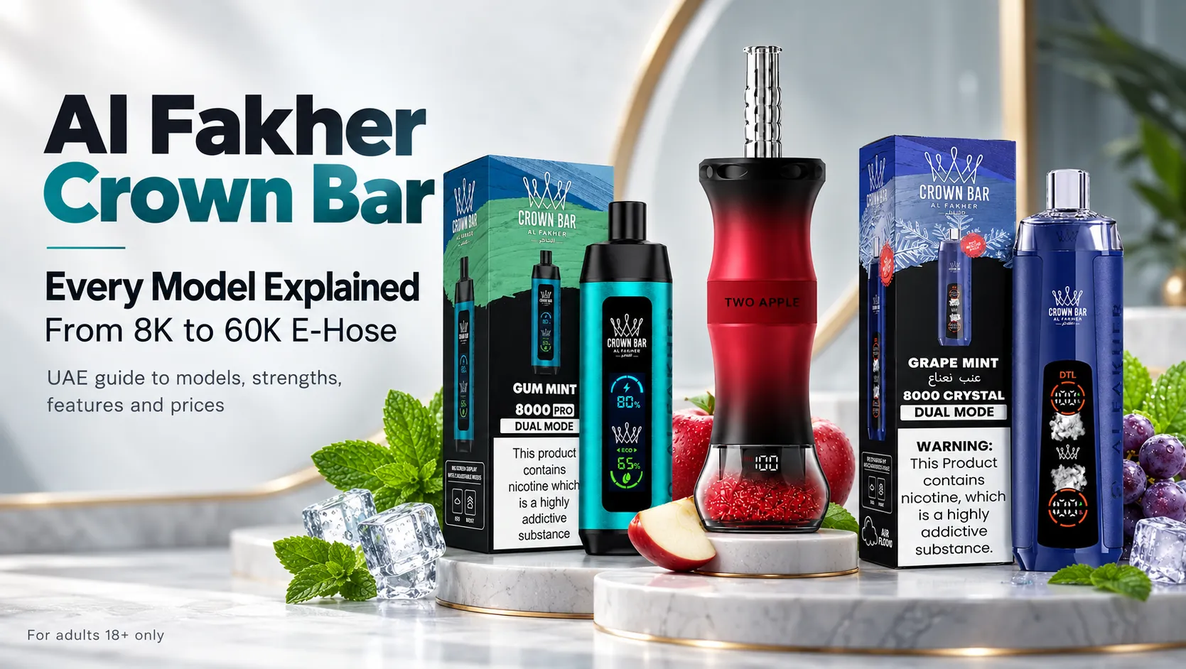 Al Fakher Crown Bar model guide banner showing 8000-series devices and an E-Hose-style device