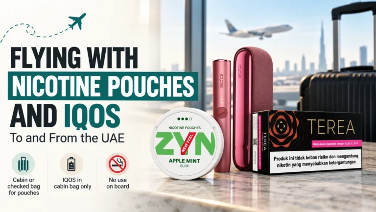 Airport banner showing a ZYN pouch can, IQOS device and TEREA pack beside UAE baggage guidance