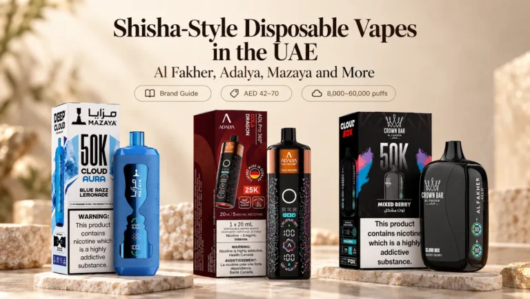 Shisha-style disposable vape banner showing Mazaya, Adalya and Al Fakher branded devices