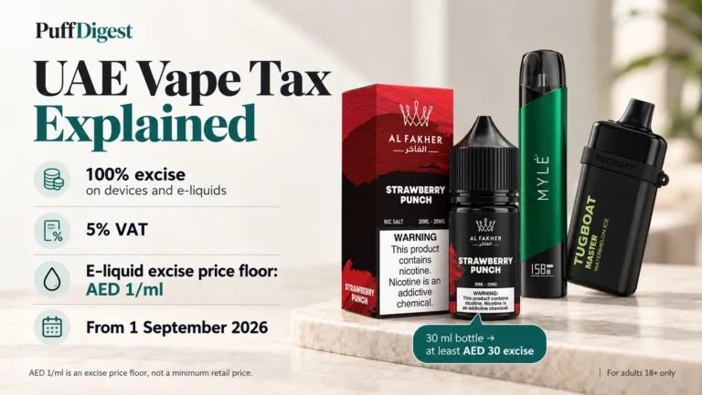 UAE vape tax graphic showing 100% excise, 5% VAT and the AED 1 per ml e-liquid excise price floor