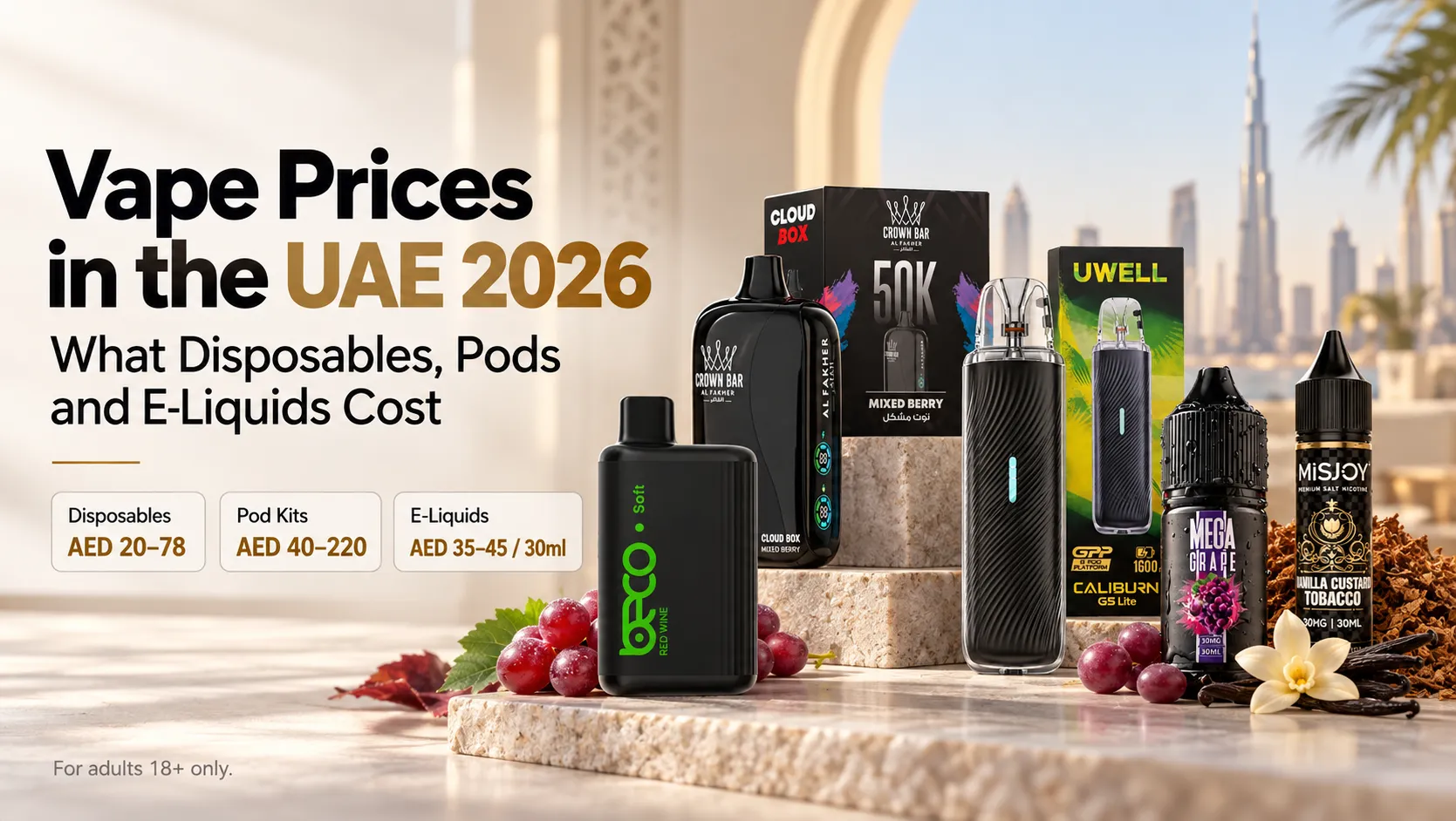 Vape price guide banner showing disposable vapes, a pod kit and e-liquids with UAE price ranges
